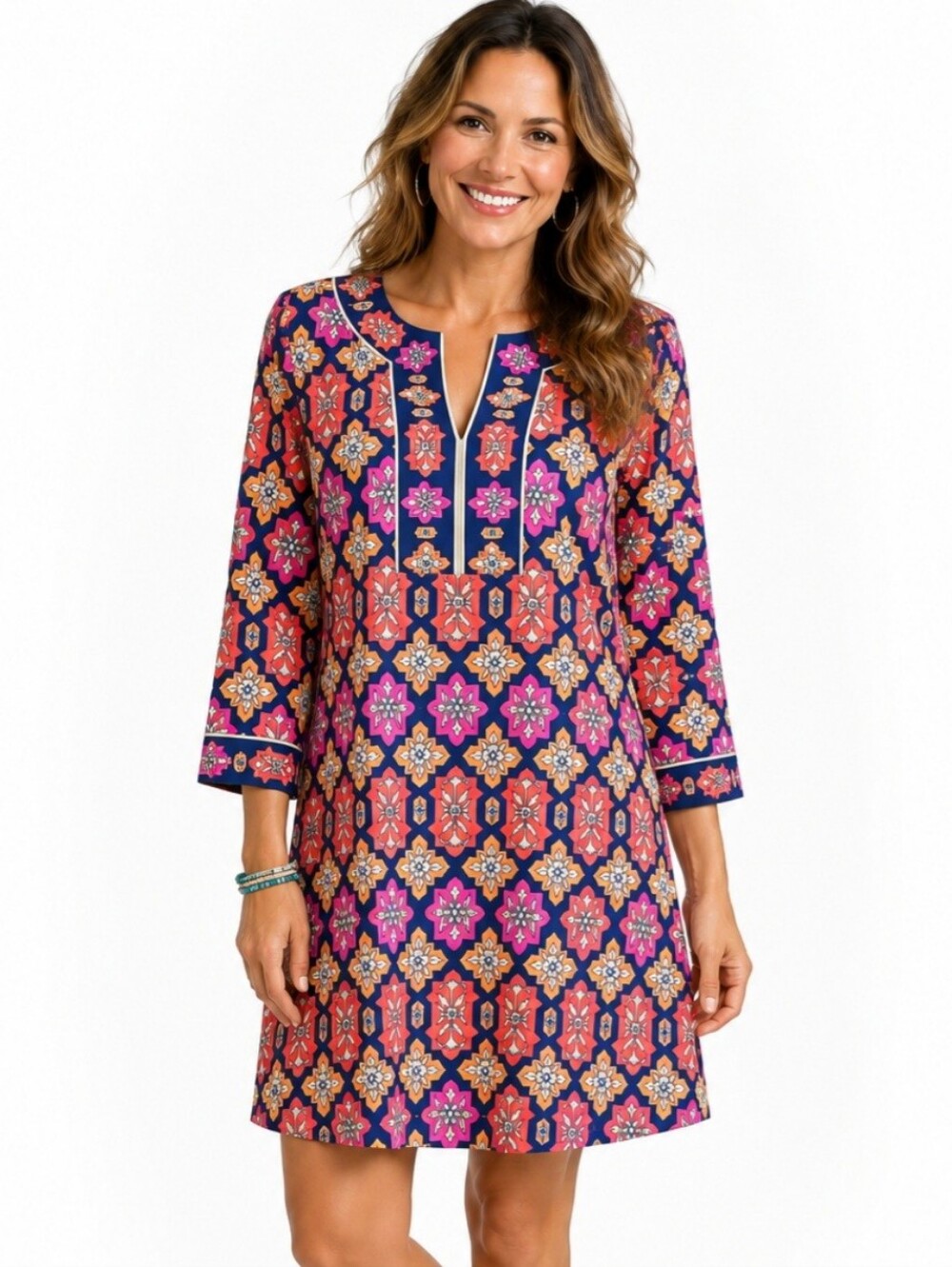 Gretchen Scott Everywhere Dress Medium  Navy Floral Geometric Stretch 3/4 Sleeve
